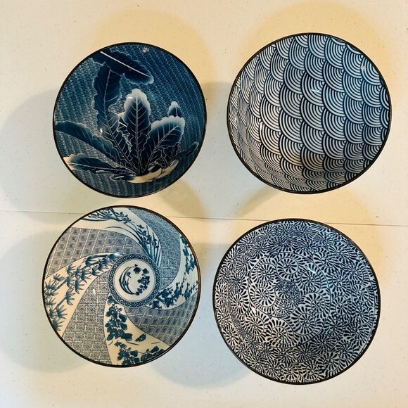 Set Of 4 Porcelain Bowls Blue & White Rice Bowls Tea Bowls Ramen Soup Bowls - Picture 3 of 12